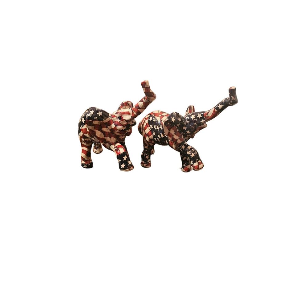 Two Vintage La Vie Patriotic Patchwork U S Flag Elephant‎ Statues